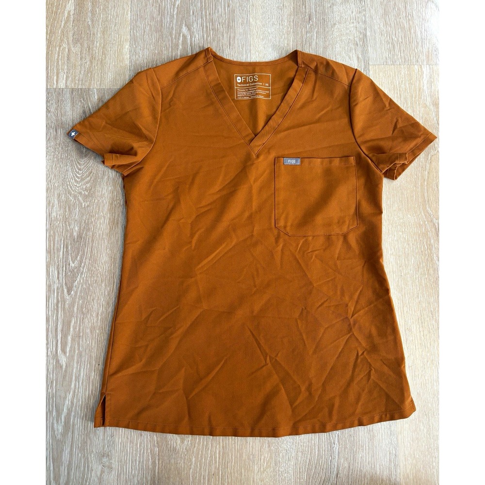 FIGS Technical Collection Women's XS Rust Orange Solid V-Neck Scrub Top Pocket